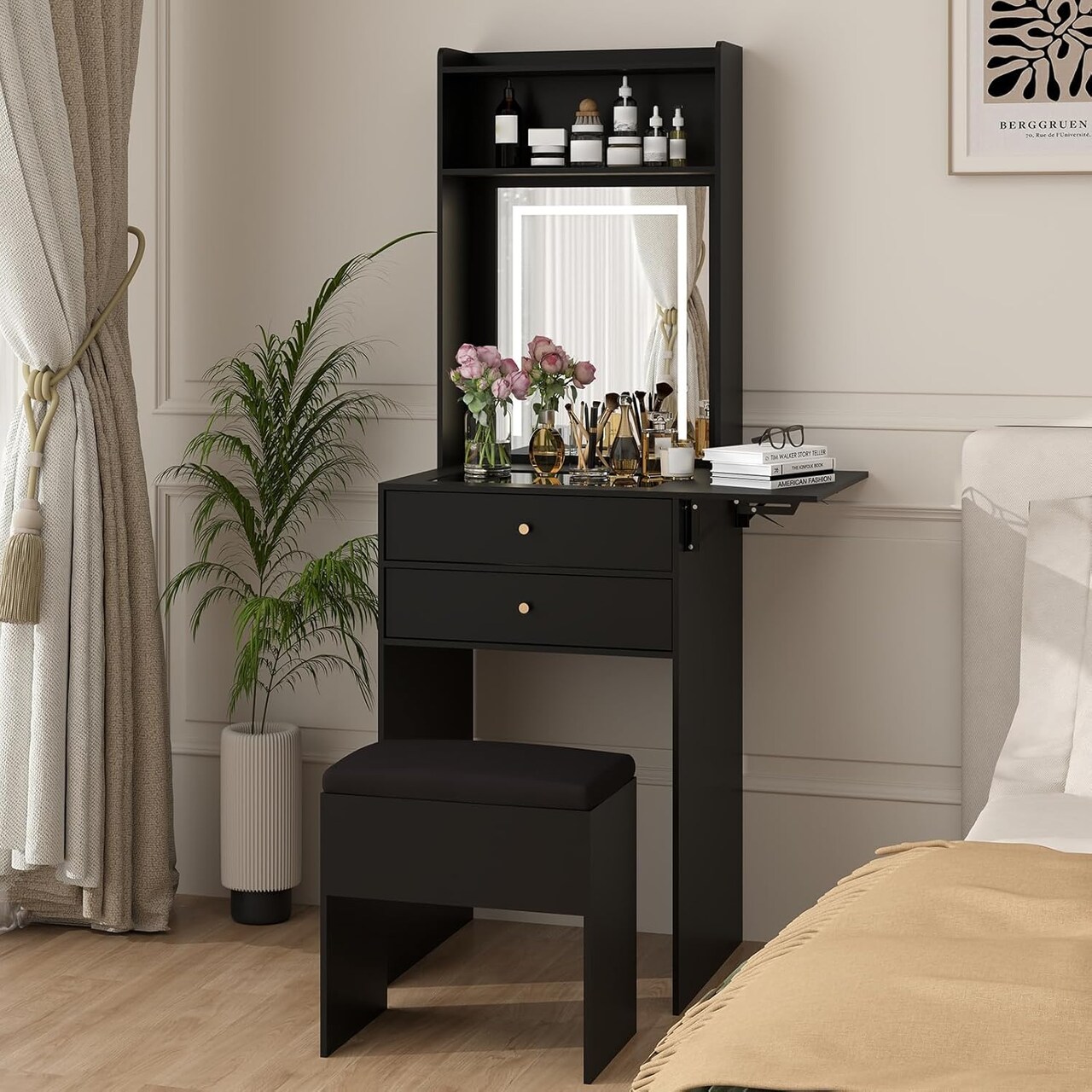 Small Vanity Desk Set with 3 Adjustable Lighted Mirror and Storage Chair Mini Black Makeup Vanities Set for Bedroom Compact Make up Dressing Table with Fold-up Panel for Tiny Space
